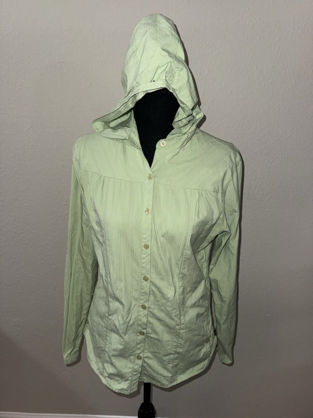 KUHL Women's Medium Sage Green Hooded Button Up Shirt Textured Stripe Hiking Md